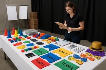 Etkinlik öncesinde masa üzerinde düzenlenen oyun ekipmanları