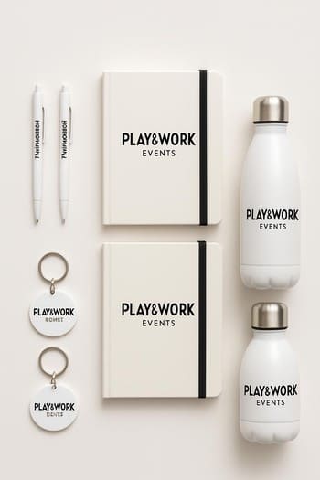 Play&Work tarzı logolu not defteri ve kalemler