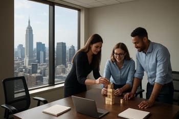 Yüksek kat ofis penceresinden görünen şehir manzarası ve oyun alanı
