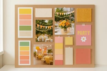 Renk paleti kartları ve ışık örnekleriyle hazırlanmış küçük mood board