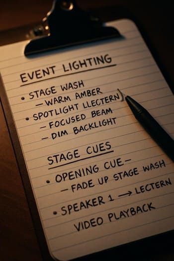 Sahne ışıkları ve not kağıtlarının bulunduğu küçük masa