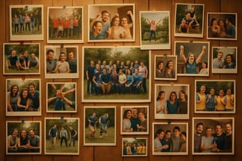 Duvara asılmış oyun günü fotoğraflarından oluşan küçük kolaj