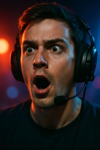 Sahne ışığı altında gülümseyen katılımcının yakın plan yüz ifadesi