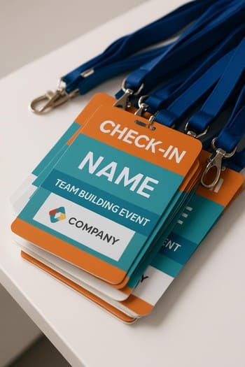 Giriş masasında etiket alan katılımcılar