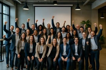 Geniş açıda birlikte poz veren kalabalık ekip