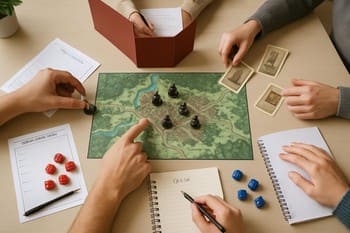 Masa etrafında görev kartlarına bakan küçük ekip