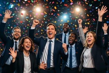 Renkli konfeti altında gülen ve dans eden ekip