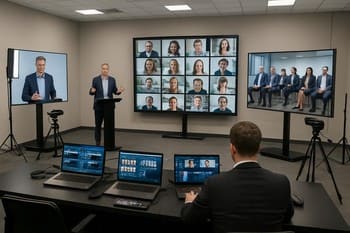 Büyük ekranda çevrim içi katılımcıları gösteren hibrit oyun alanı