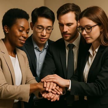 Takım ruhu temasında çemberde duran ve gülen ekip