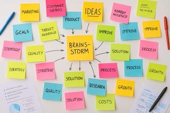 Beyaz kağıtlara yazılmış fikir notlarının bulunduğu atölye masası