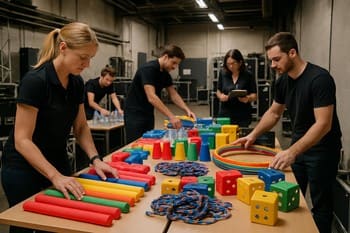 Etkinlik başlamadan sahne aksesuarlarını yerleştiren Play&Work ekibi