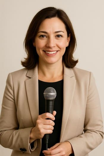 Mikrofonla sahnede ekibi oyuna davet eden fasilitatör