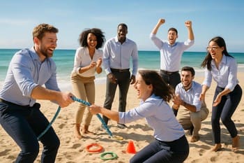 Sahilde takım oyunları oynayan kurumsal ekip