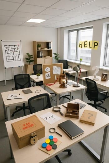 Ofis koridorunda ipucu arayan çalışanlar