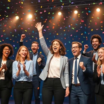 Kurumsal parti sırasında konfeti yağmuru altında eğlenen ekip