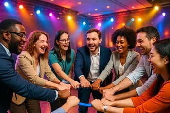 Renkli ışıklar altında daire olup oyun oynayan ekip