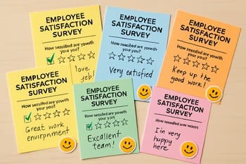 Renkli geri bildirim kartlarına kısa notlar yazan çalışanlar