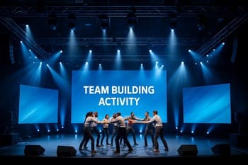 Büyük bir ekibin sahnede kupa ile poz vermesi