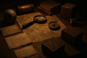 Görev kartları, kostüm aksesuarları ve renkli nesnelerle dolu masa