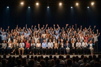 Işıklar altında sahnede poz veren büyük ekip