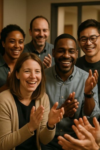 Görev başarıldı ekranı karşısında kutlama yapan küçük grup