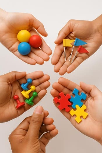 Renkli sahne aksesuarlarını gösteren eller