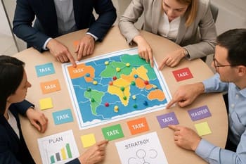 Masa üzerinde renkli görev kartlarına ve haritaya odaklanan ekip