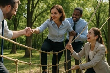 Açık alanda halat köprüsünde birbirine destek olan ekip