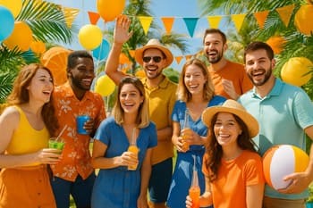 Yaz temalı sahil partisinde oyun oynayan ekip