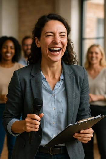 Oyunu anlatırken gülen Play&Work fasilitatörü