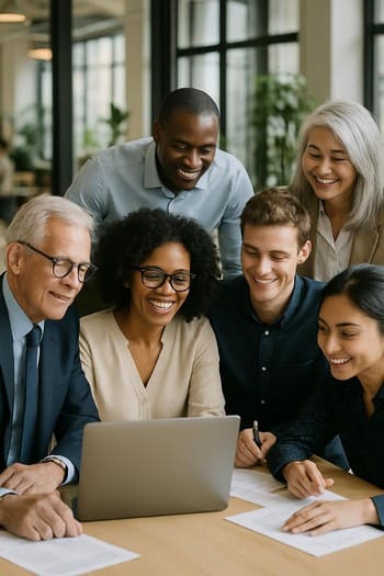 Farklı departmanlardan çalışanların aynı masada gülmesi