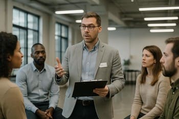 Çemberde duran ekibin ortasında oyunu anlatan Play&Work fasilitatörü