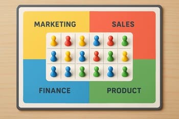 Farklı sektörleri temsil eden renkli kartlarla hazırlanmış etkinlik panosu