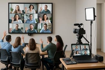 Stüdyodan hibrit etkinliği takip eden ekip