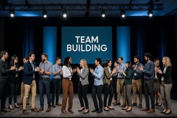 Orta ölçekli bir ekibin sahne önünde toplanması