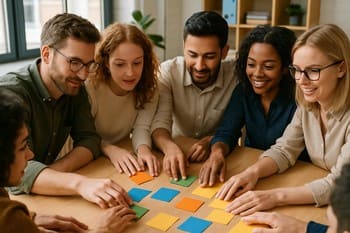 Küçük bir ekibin aynı masada oyun kartlarını incelemesi