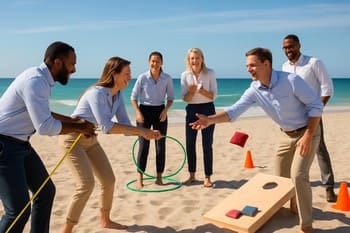 Sahilde oyun oynayan ve ipucu arayan kurumsal ekip