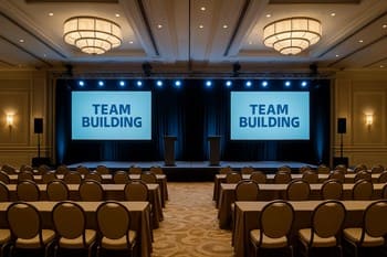 Otel konferans salonunda sahnede duran ekip