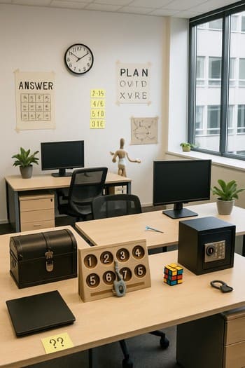 Ofis toplantı odasında ipucu arayan çalışanlar